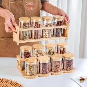 Round Glass Spice Storage Jar Sets High Borosilicate Glass Food Containers with Bamboo Wooden Lids Rack for Kitchen Organization