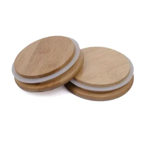 Round Natural Bamboo Box Glass Bottle Storage Jar Cover with Laser Engraving Custom Logo and Pattern
