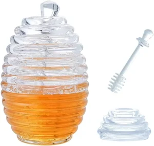 Round Shape Empty Plastic Acrylic Honey Pot Spoon Dispenser Container Bottle Polylactic Acid Material Freshness Preservation
