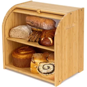 Rustic 2 Tier Bamboo Bread Box Bread Keeper Holder Bin with Air Vants on the Back for Kitchen Countertop Storage