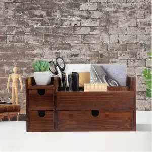 Rustic Brown Bamboo Lacquer Desktop Organizer Storage Cabinet Caddy Box Stationery Pencil Slots Mail Holder Durable Large