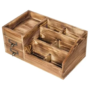 Rustic Brown Wooden Desktop Organizer Torched Wood Storage Cabinet Caddy Box Stationery Pencil Slots Mail Holder