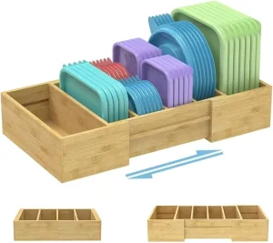 SINCERE Double Tier Wooden Kitchen Storage Box Multifunctional Expandable Bamboo Food Container Organizer Lid for Plastic Lids