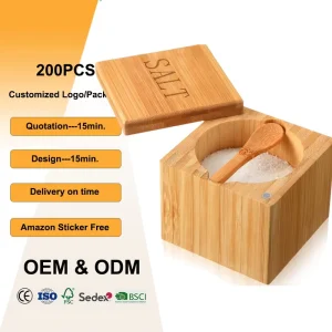 Salt Container Bamboo Spice Organizer Kitchen Tools Bamboo Spice Box Bamboo Salt Cellar with Magnetic Swivel Lid and Spoon