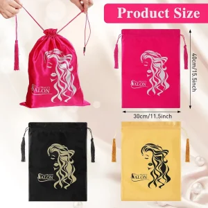 Satin Silk Luxury Screen Printed Logo Drawstring Dust Bag Wig Hair Extensions Party Use Black Custom Sizes