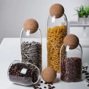 Sealed Spherical Bamboo Lidded Glass Storage Jar with Cork Stopper Beer & Dried Fruit Nut Container Food Storage Bottle