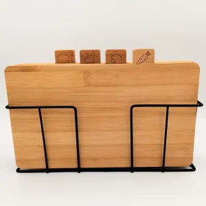 Set of 4 Bamboo Wood Chopping Boards with Black Stand Dishwasher Safe Customizable Size