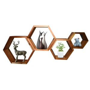 Set of 8 Hexagon Floating Shelves Wall Mounted Bamboo Honeycomb Design Modern Rustic Style Wooden Shelves Living Room Storage