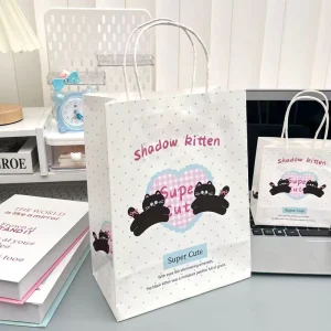 Shadow Kitten Black Cat Paper Gift Bags with Handles Plaid Pattern Kraft Tote Bags Multi Sizes Party Favor Present Packaging Bag