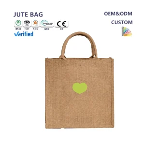Shopping Travel Beach Reusable Eco friendly Soft Handles Jute Tote Bag with Letter Pattern Customized Colors