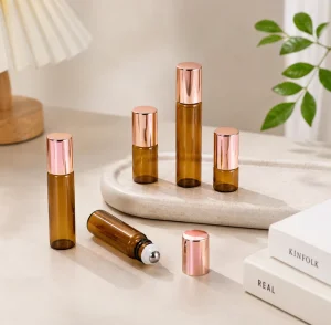 Silver veined Rose Gold Cylindrical Glass Roll On Perfume Bottles with Plastic Caps 1ml 2ml 3ml 5ml Travel Size