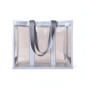 Simple Durable Smoke Transparent Tote Bag Reinforced Edge Ribbon Handle Custom Brand Print Supermarket Gift Shopping Bag