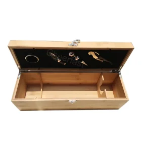 Single Bottle Bamboo Wood Wine Box Packaging and 4pcs Accessories Kit Single Wine Bottle Wood Wine Gift Box With Hinged Lid
