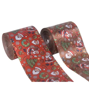 Single Double Sided Polyester Ribbon with Gold Foil Christmas Gift Box Packaging Ribbon Christmas Holiday Decoration Ribbon