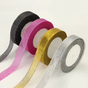 Single Face Satin Metallic Glitter Printed Ribbon 2.5cm Gift Box Bow Decoration
