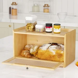 Single Tier Bamboo Wooden Corner Bread Box Storage Container Organizer Bakery Holder with Counter Large Capacity for Kitchen