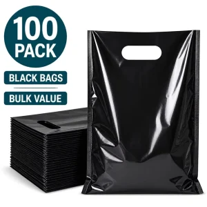 Small Black Plastic Shopping Bag for Small Business Plastic Merchandise Bag with Handle Poly Die Cut for Retail