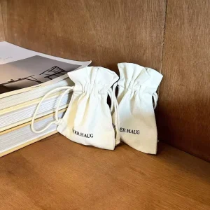 Small Custom Logo Silk Screen Print Organic Cotton Double Strings Storage Canvas Drawstring Pouch Dust Shopping Bag