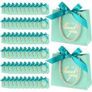 Small Thank You Gift Bags Mini Party Favor Candy Bags Reusable White Card Paper Bags with Handles and Bow Ribbon