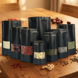 Smellproof Black Kraft Paper Stand up Pouch with Window Paper Doypack for Snack Spice Nut Zipper Plastic Bags Flexible Packaging