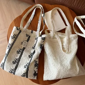 Spring New Lace Embroidery Tote Bag Women Floral Hollow Out Canvas Shoulder Bag Casual Large Capacity Shopping Handbag