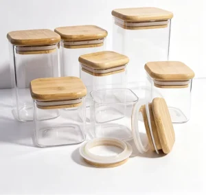 Square Clear Glass Storage Jar Natural Bamboo Lid Airtight Silicone Seal Kitchen Food Container