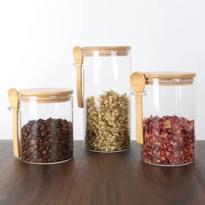 Square High Borosilicate Glass Jar Kitchen Food Storage Container for Sugar Candy Cork Lid Spoon Utensils Screen