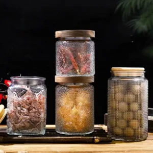 Square Kitchen Decorative Empty Glass Jars with Wooden Lids for Food Storage Cylinder Shape