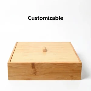 Square Natural Bamboo Storage Box Sliding Lid Wooden Knob Laser Carved Eco Friendly Timber Container for Tea Snacks Home