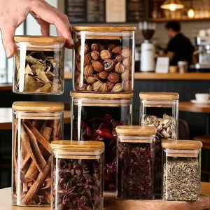 Square Transparent Food Storage Jars Honey Jam Dispensing Glass Jars with Bamboo Lids