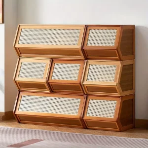 Stackable Freestanding Organizer Box Space Saving Shelf Bamboo Storage Cabinet Plastic Door for Dining Bedroom