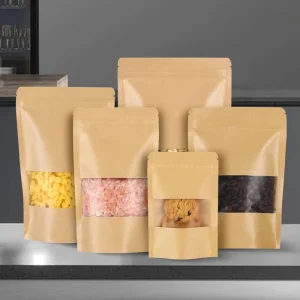 Stand up Kraft Pouches with Window Kraft Paper Sealable Pouches with Notch Heat Sealable Resealable Bags