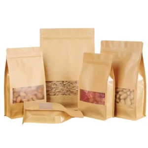 Stand up Zipper Bag Brown Pouch Flat Block square Bottom 3 Layers Kraft Paper Bag With Window