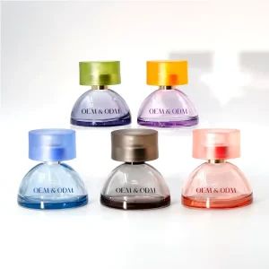 Stock 30ml Colored Glass Semi-circular Perfume Bottle Sample Decanting Bottle with Crimp Neck Colored Cap