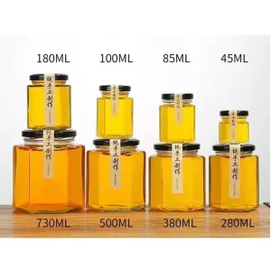Stock 45ml 730ml Hexagonal Glass Jar Clear Honey Storage Bottle Empty Jam Jar Screw Cap Hot Stamping