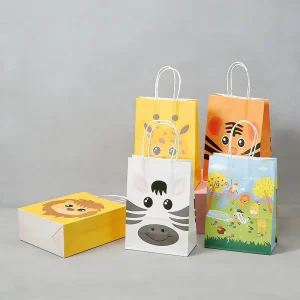 Stock Cartoon Animal Kraft Paper Bags with Handles Party Favor Gift Tote Pouches for Kids Birthday Candy Toys Shopping Packaging
