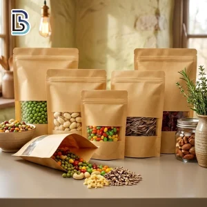 Stock Recyclable Kraft Stand up Pouch with Window Zipper Top Food Packaging Bags