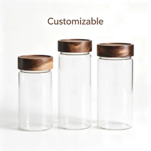 Straight Clear Glass Storage Jar With Walnut Wood Lid
