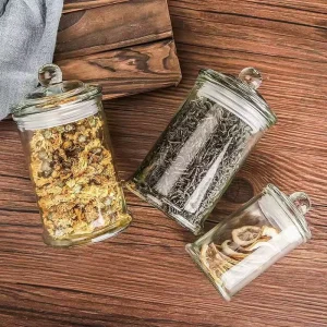 Straight Cylinder Clear Glass Canister 150-1250ml Airtight Glass Knob Lid Tea Spice Dry Food Storage Jar