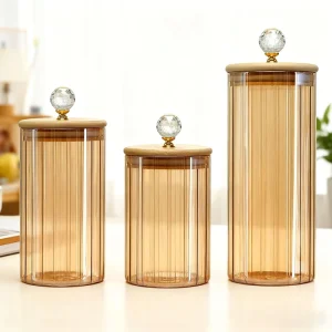 Striped Glass Sealed Jars with Pull Rings Crystal Beads Pearl Packaging Food Grade Glass Jars with Bamboo Lid