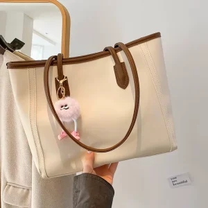 Summer Fashion Contrast Trim Large Capacity PU Leather Tote Bag Cute Plush Doll Pendant Women Shoulder Handbag Work School