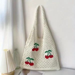 Summer Large Capacity Crochet Cherry Pattern Shoulder Bags Lightweight Hollow Knitted Beach Tote Bag