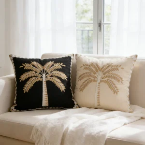 Summer Style Embroidered Customizable China Modern Minimalist Coconut Palm Trees Floral Cotton Linen Square Cushion Cover Home