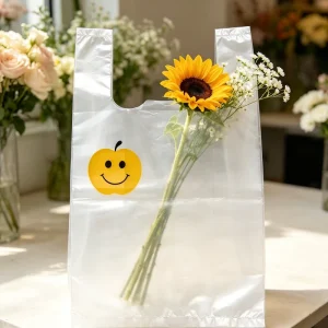 Supermarket Disposable Transparent Plastic Grocery Bags Custom Apple Smile Print Food Storage Tote Bags