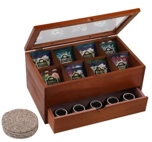Sustainable Modern Luxury Wooden Tea Box and Bag Organizer Storage Box with Drawer for Home