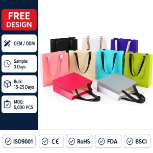 Sustainable Specialty Reusable Flat Bottom Paper Bag Custom Print Logo No Waistline 1pc MOQ Ribbon Handle Luxury Paper Bags