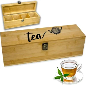 Tea Organizer Box Food Safe Bamboo Wood Chemical Free Big Tall Adjustable Rectangle Storage Chest 4 Slot 14.3×4.4×4.2