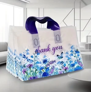 Thank You Printed Plastic Shopping Bags Customizable Floral Handle Bags for Retail