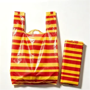 Thick Dual Color Red Yellow Striped Vest Shopping Bag Full Water Bearing Portable Foldable Market Plastic Packaging Bag