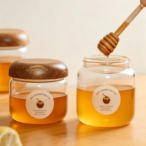 Thick High Borosilicate Clear Storage Canister with Natural Acacia Wooden Lid Honey Jam Candy Spice Round Glass Honey Jar